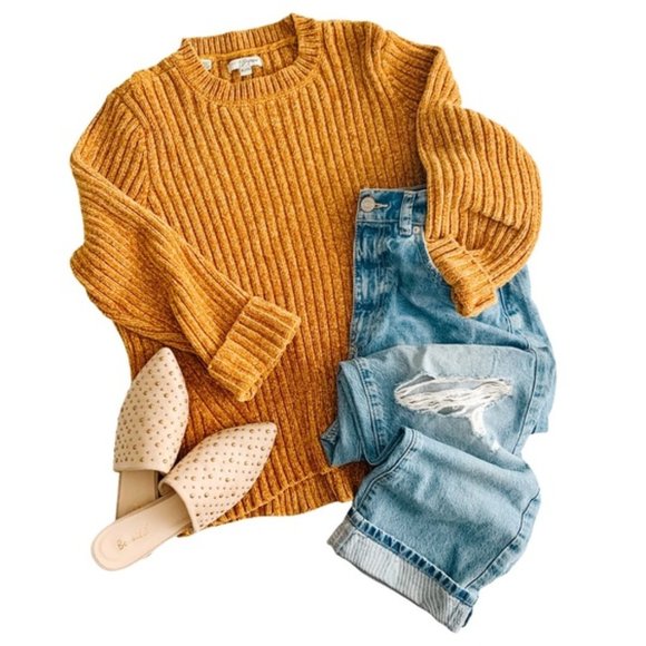 JACHS Girlfriend Sweaters - Jachs Girlfriend Ribbed Velvet Chenille Crewneck Sweater Mustard Yellow Sz S